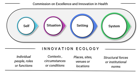 Graphic showing four circles representing the Innovation Ecology. The four circles are; Self, Situation, Setting, System.