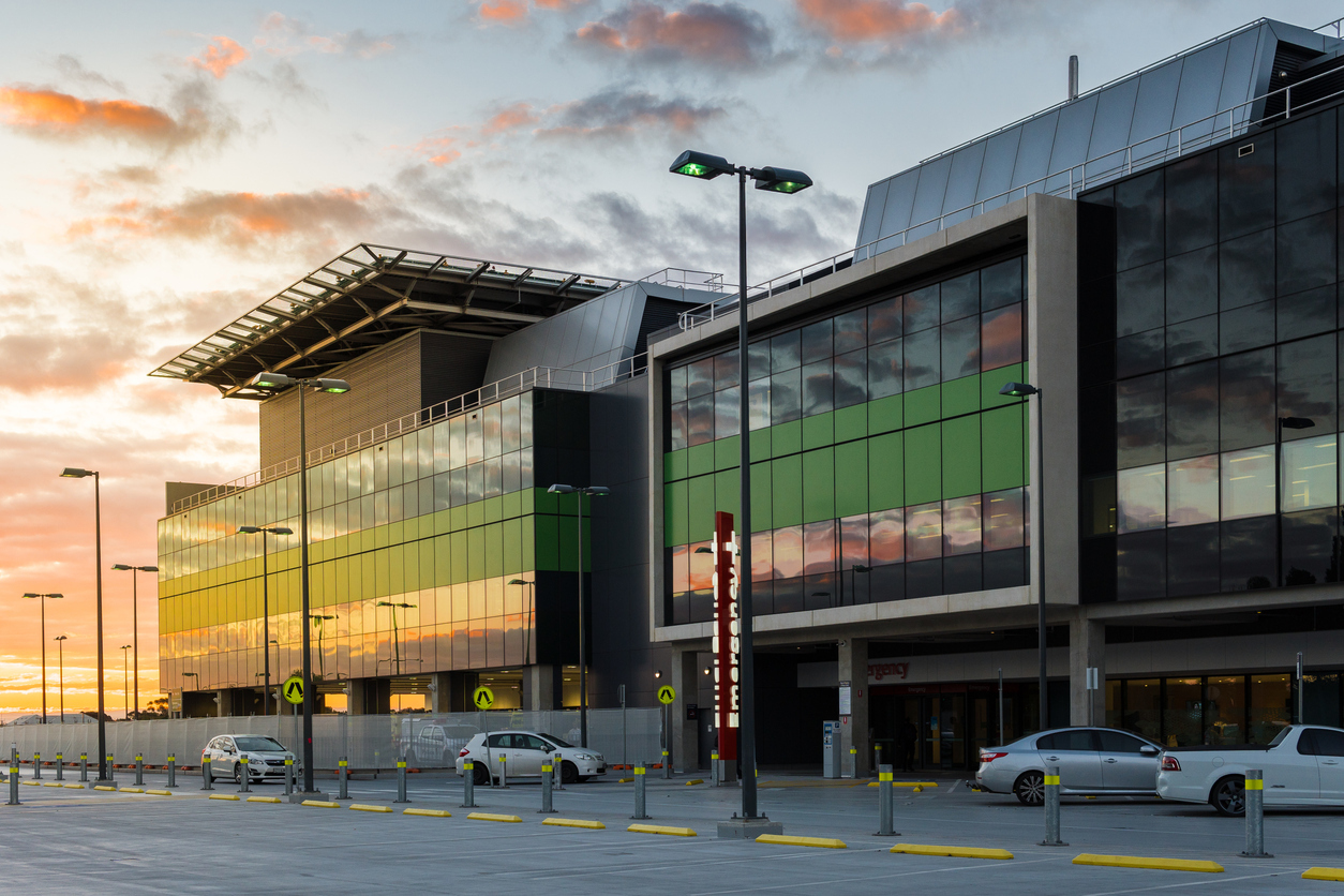 Adelaide, South Australia / Australia - June 24 2018: Royal Adelaide Hospital emergency entrance at sunset
