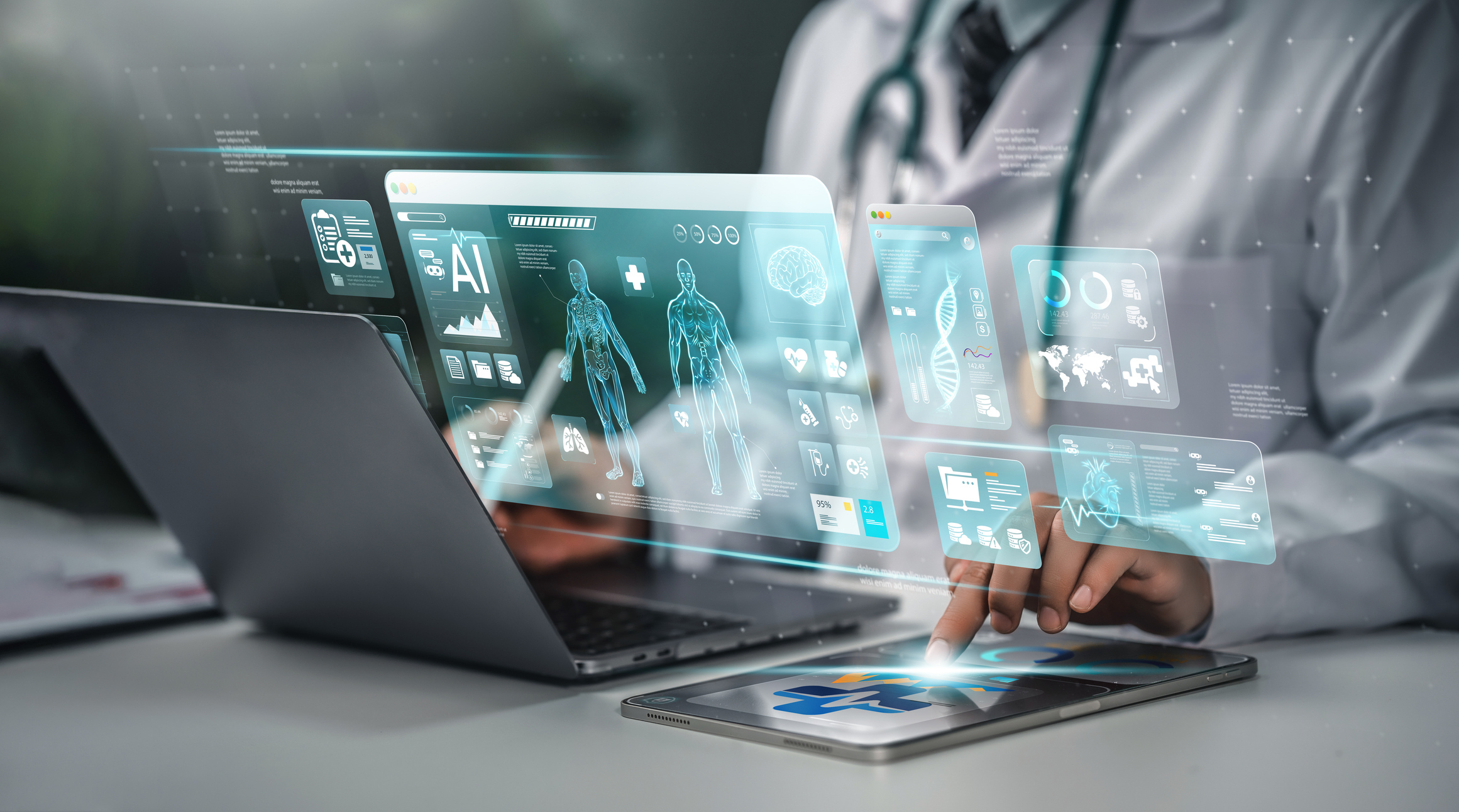 Doctor photo with hand icon. Medical technology. Doctor using AI technology to diagnose, care and improve accuracy of patient treatment in the future. Medical innovation for future health. Telemedicine concept.
